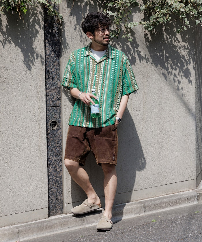 FREAK'S STORE Relaxed fit All-over lace Multi-stripe Open collar shirt 鏤空針織短袖襯衫