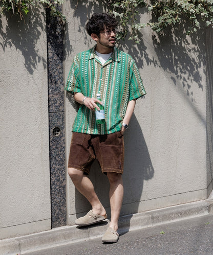 FREAK'S STORE Relaxed fit All-over lace Multi-stripe Open collar shirt 鏤空針織短袖襯衫