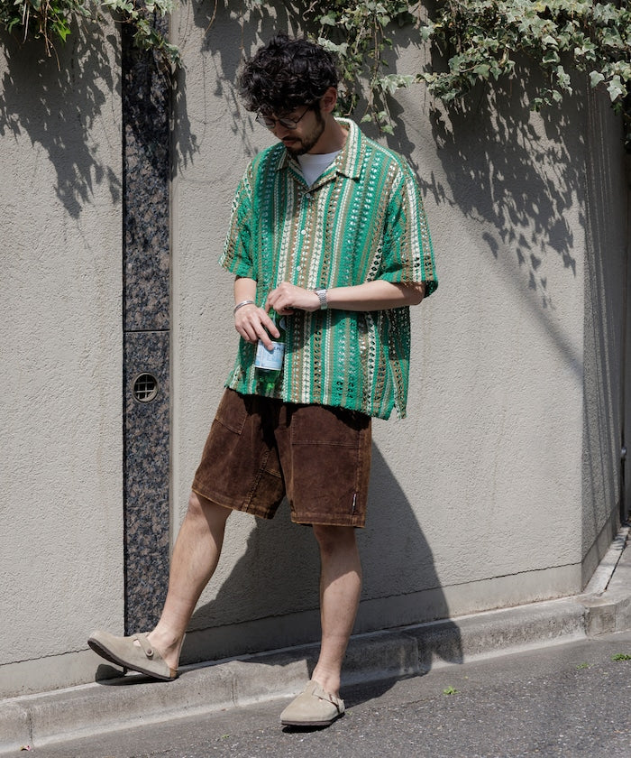 FREAK'S STORE Relaxed fit All-over lace Multi-stripe Open collar shirt 鏤空針織短袖襯衫