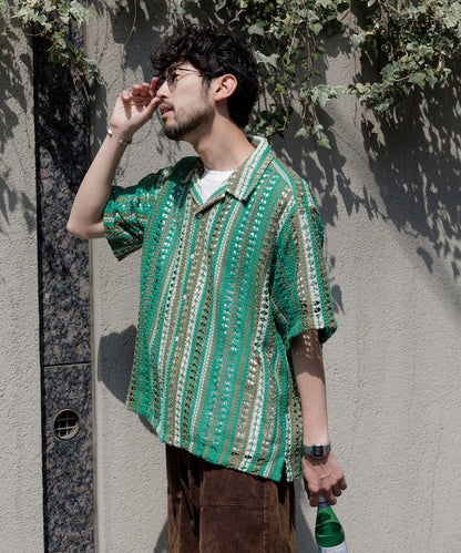 FREAK'S STORE Relaxed fit All-over lace Multi-stripe Open collar shirt 鏤空針織短袖襯衫
