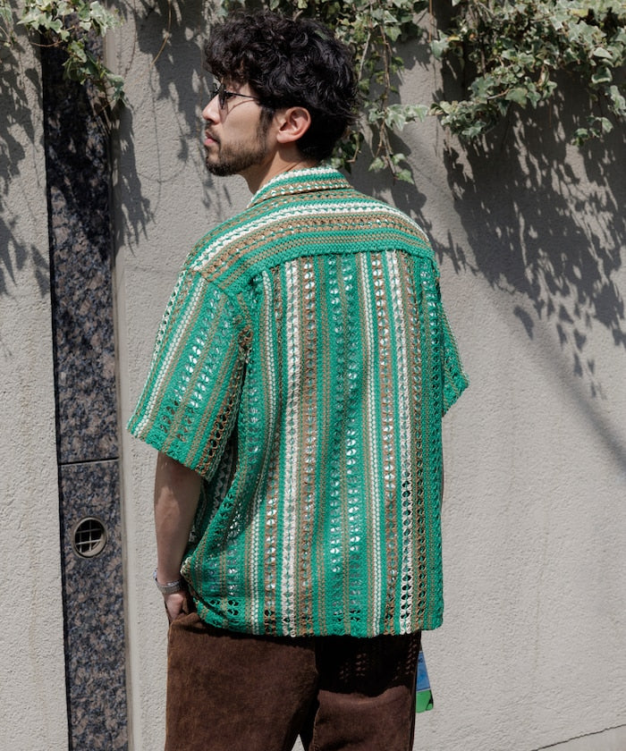 FREAK'S STORE Relaxed fit All-over lace Multi-stripe Open collar shirt 鏤空針織短袖襯衫