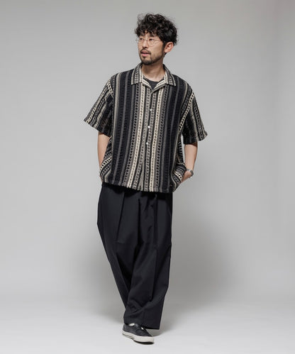 FREAK'S STORE Relaxed fit All-over lace Multi-stripe Open collar shirt 鏤空針織短袖襯衫