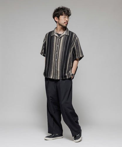 FREAK'S STORE Relaxed fit All-over lace Multi-stripe Open collar shirt 鏤空針織短袖襯衫