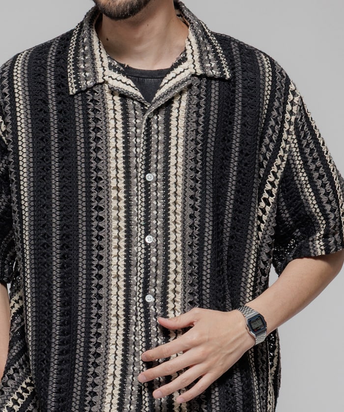 FREAK'S STORE Relaxed fit All-over lace Multi-stripe Open collar shirt 鏤空針織短袖襯衫