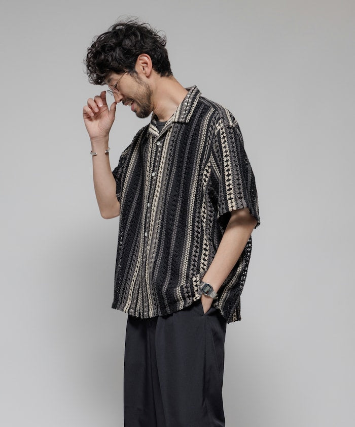 FREAK'S STORE Relaxed fit All-over lace Multi-stripe Open collar shirt 鏤空針織短袖襯衫