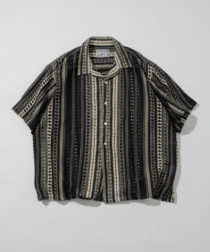 FREAK'S STORE Relaxed fit All-over lace Multi-stripe Open collar shirt 鏤空針織短袖襯衫