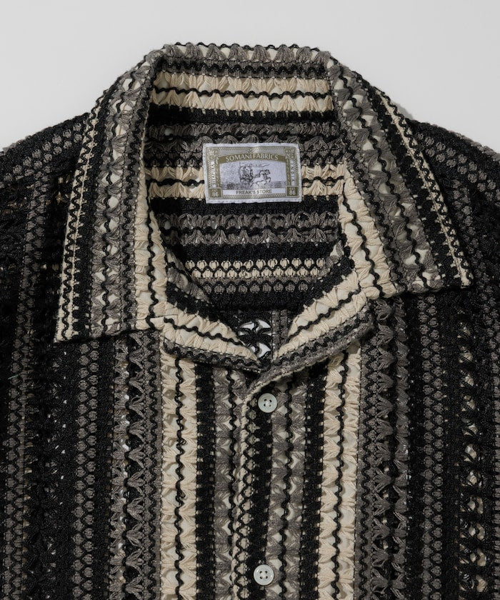 FREAK'S STORE Relaxed fit All-over lace Multi-stripe Open collar shirt 鏤空針織短袖襯衫