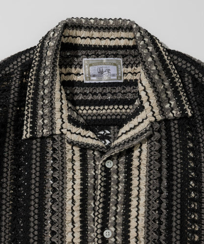 FREAK'S STORE Relaxed fit All-over lace Multi-stripe Open collar shirt 鏤空針織短袖襯衫