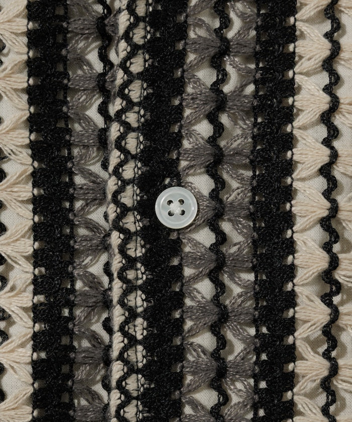FREAK'S STORE Relaxed fit All-over lace Multi-stripe Open collar shirt 鏤空針織短袖襯衫