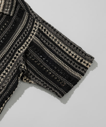 FREAK'S STORE Relaxed fit All-over lace Multi-stripe Open collar shirt 鏤空針織短袖襯衫