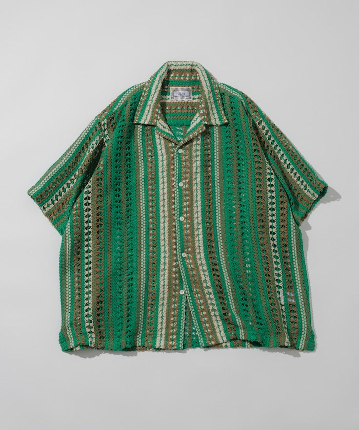 FREAK'S STORE Relaxed fit All-over lace Multi-stripe Open collar shirt 鏤空針織短袖襯衫
