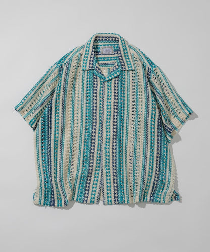FREAK'S STORE Relaxed fit All-over lace Multi-stripe Open collar shirt 鏤空針織短袖襯衫
