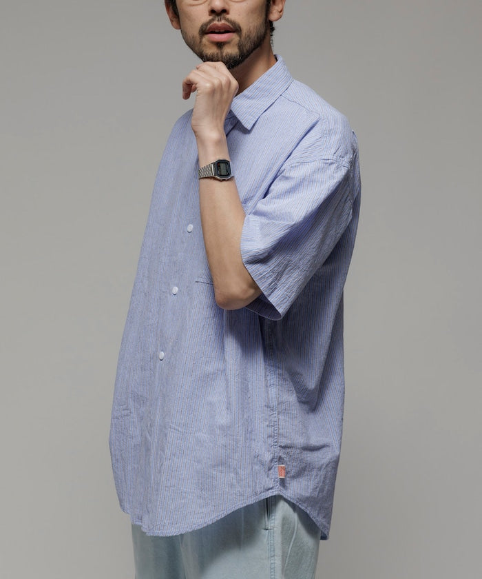 HINSON wrinkled relaxed fit striped shirt 短袖口袋條紋襯衫