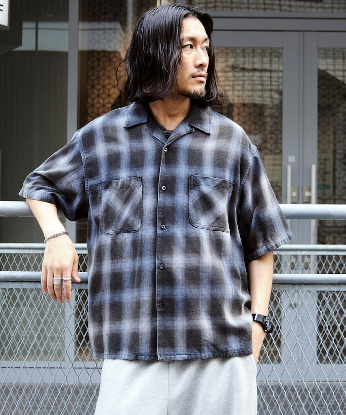 FREAK’S STORE Murabreach processed open collar ombre check shirt 漸層格紋短袖襯衫